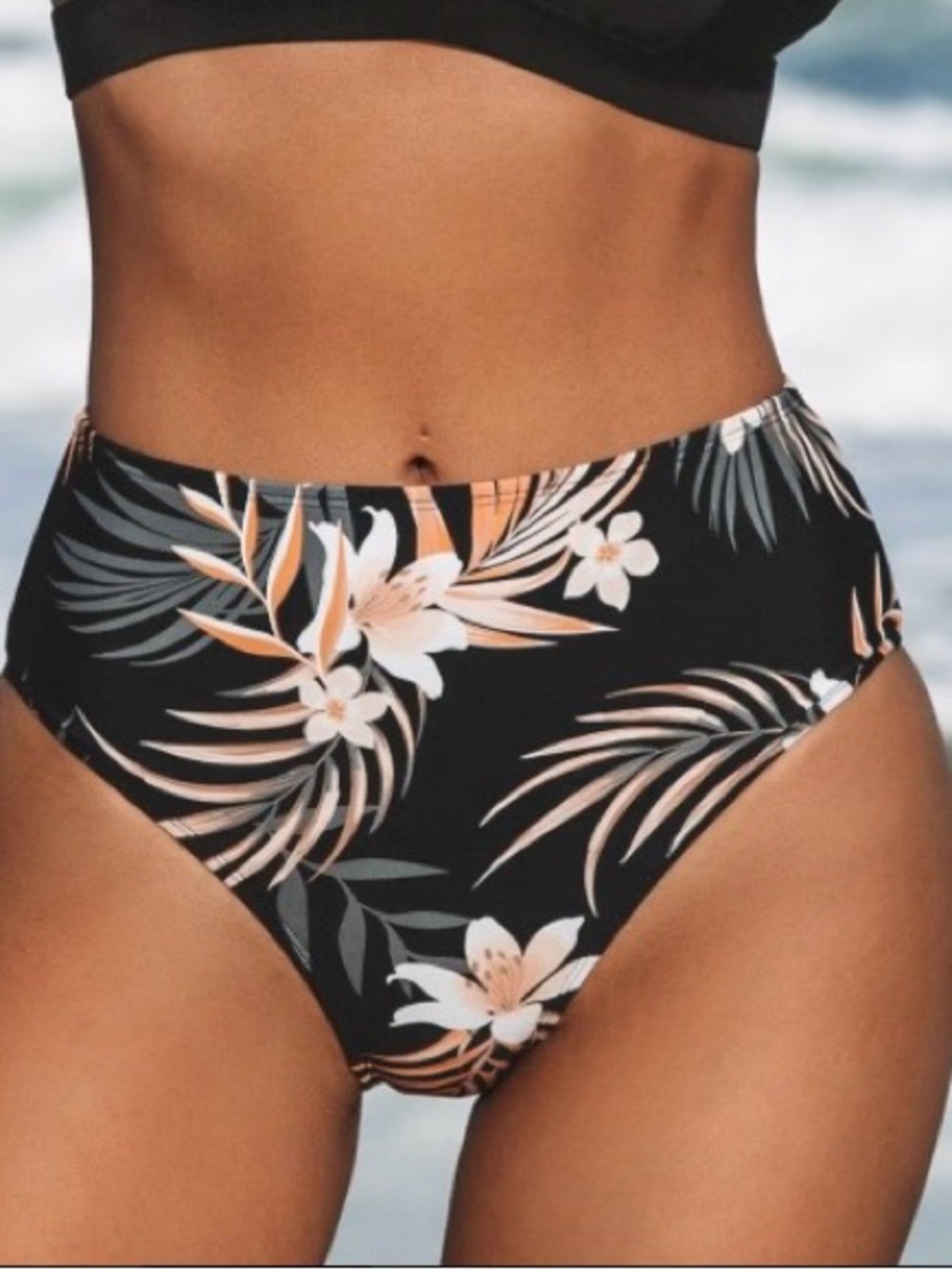 Cupshe Black Twist top Bikini with Floral High-Waist Bottom with Peach & White M
